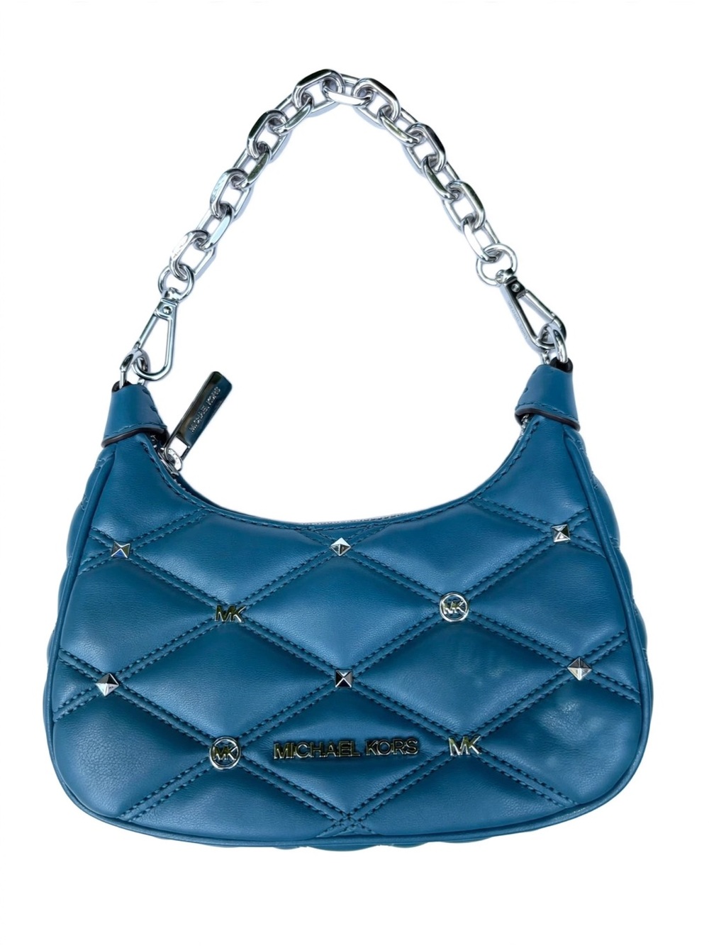Michael Kors Cora Mini Zip Pouchette Teal Quilted Studded Chain Crossbody